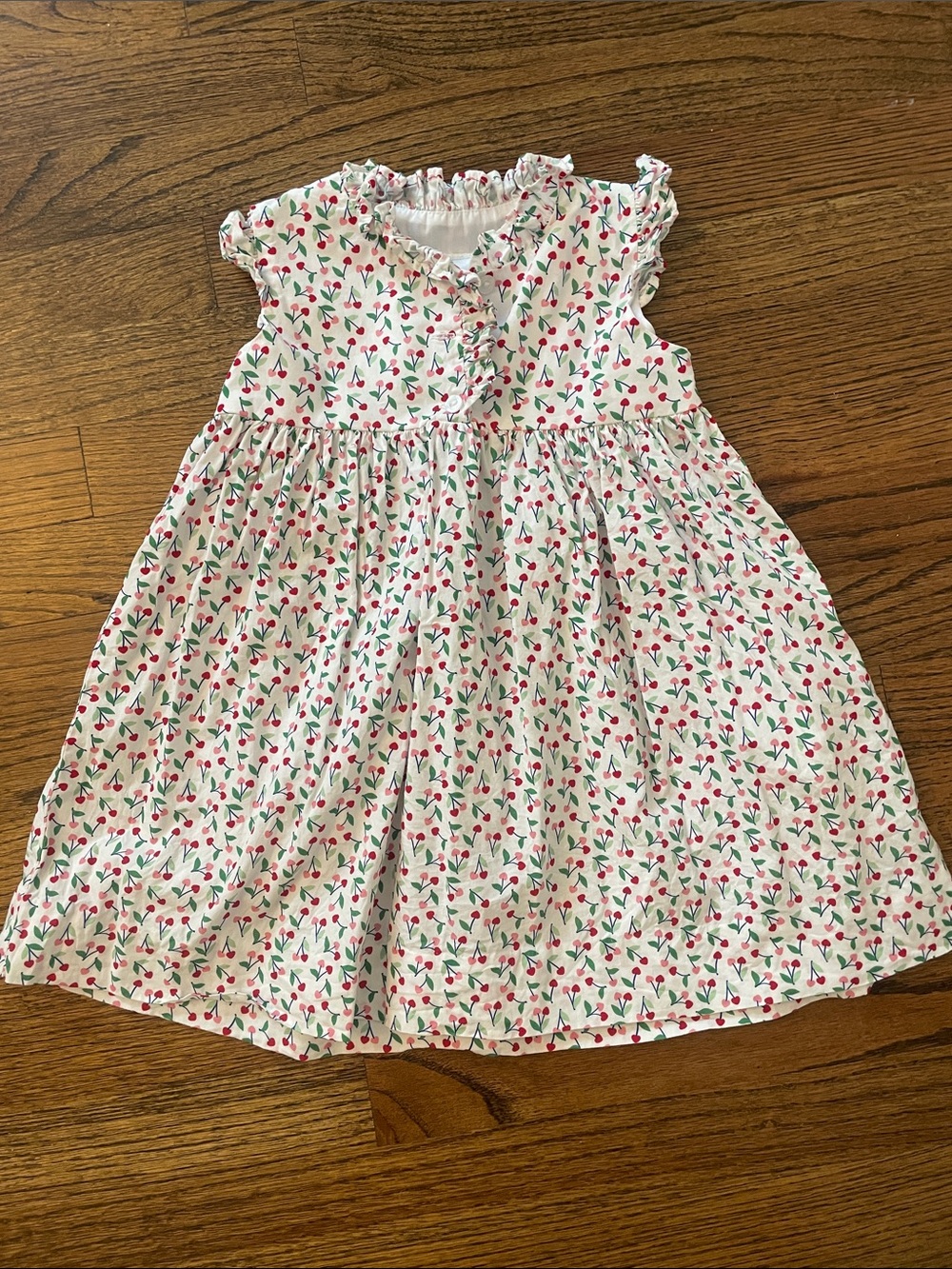 Little English White Cherry-Print Cotton Dress with Pink & Green Accents